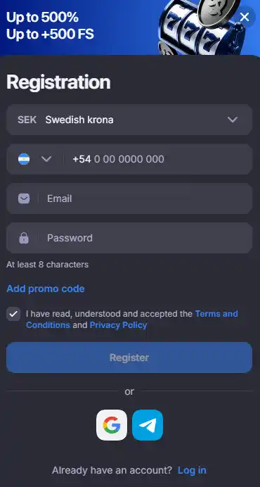Current Winum registration form with visible account and country fields where available