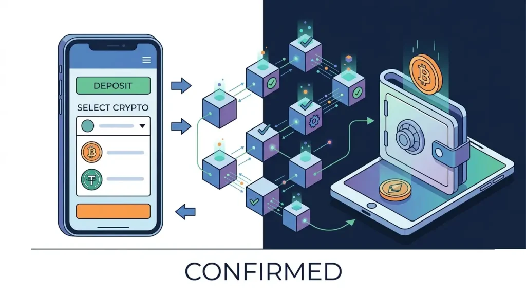 Illustration of a crypto casino cashier workflow with wallet and blockchain confirmation concepts