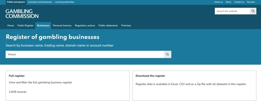 UK Gambling Commission public register search used to check Winum and Galaxy Byte Lab licensing