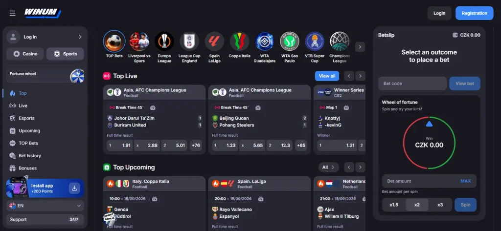 Current Winum sportsbook interface showing betting navigation and event market layout
