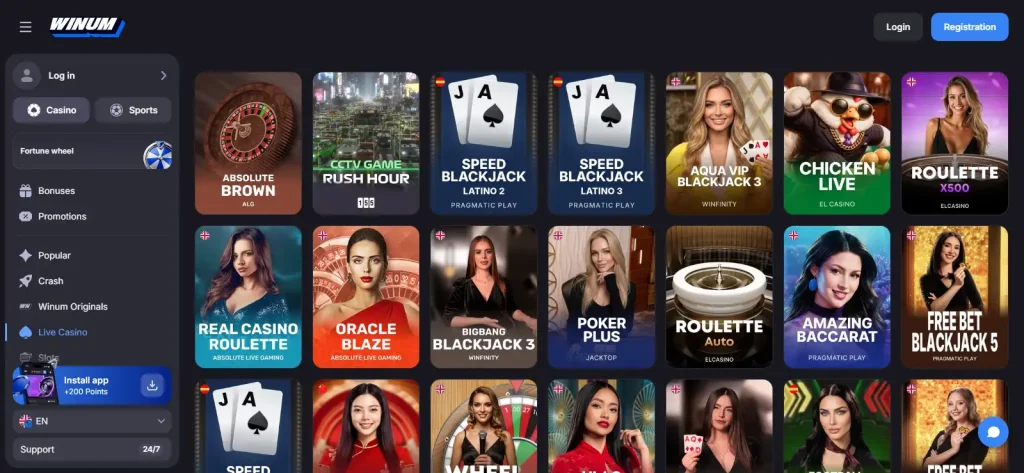 Current Winum live casino lobby showing dealer tables and category or provider filters