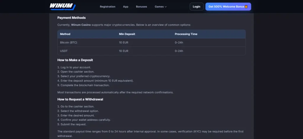 Current Winum withdrawal interface showing payout method selection and request fields